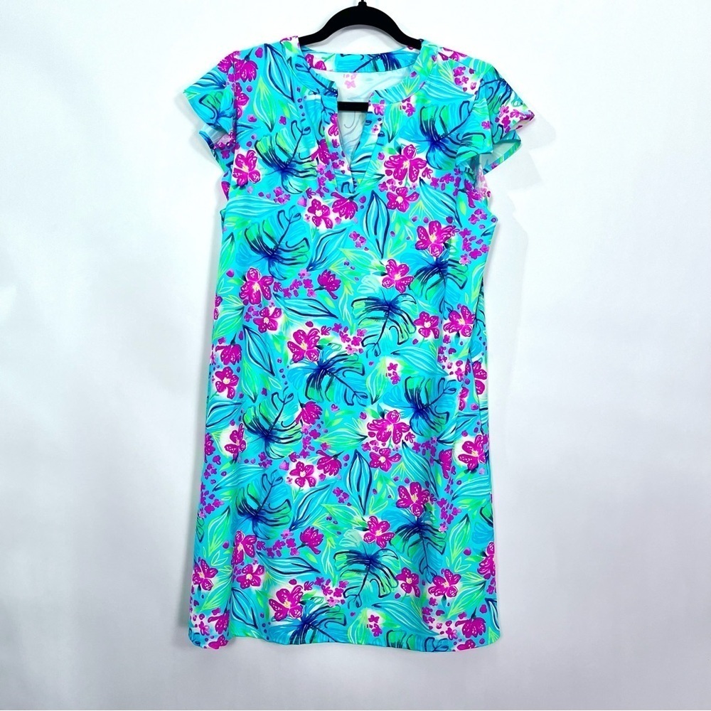 Bright Color Floral Hawaiian Tropical Print Ruffle Sleeve Shift Dress
